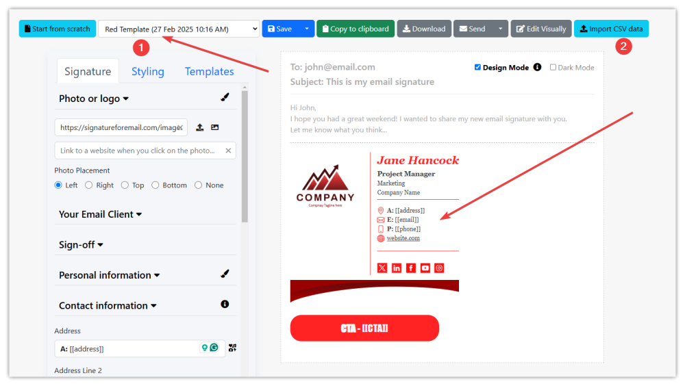 Select a signature template and import CSV data