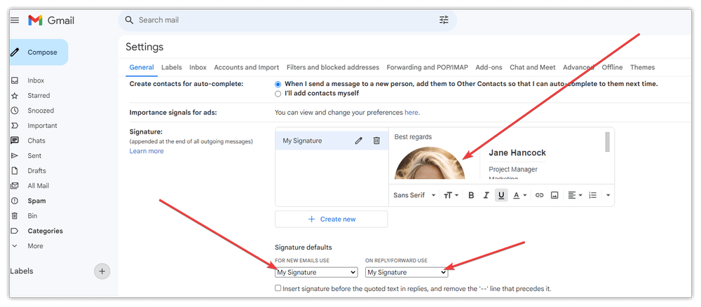 Gmail - Paste HTML signature and select it for the new emails