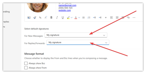 Outlook Live  - Select default signatures