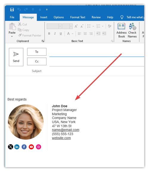 Outlook Desktop Windows - A new email with the signatgure