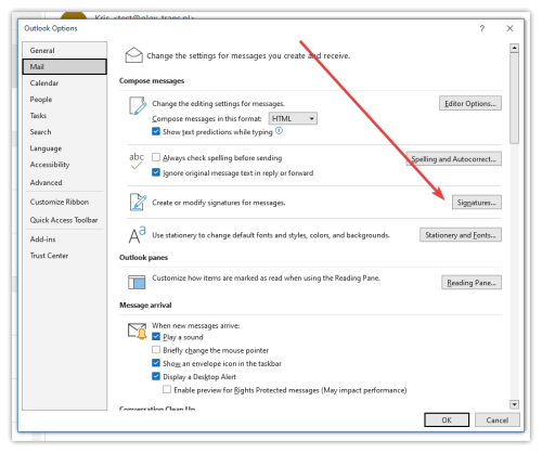 Outlook Desktop Windows - Signatures button